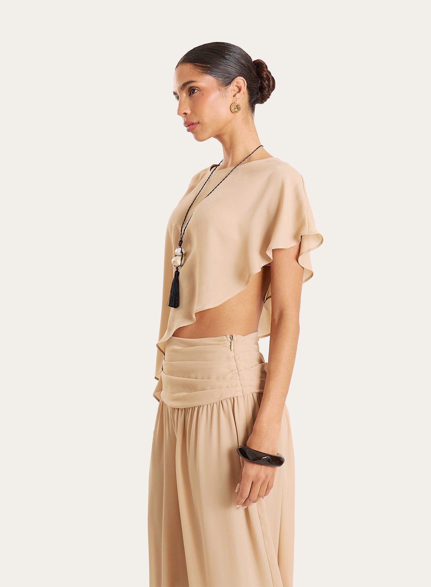 Beige Sheer Ruched Waist Wide Leg Trousers
